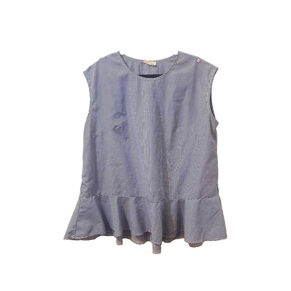 Melloday 2XL Striped Blue White Peplum Round Neck Sleeveless Pleat Back Tank Top